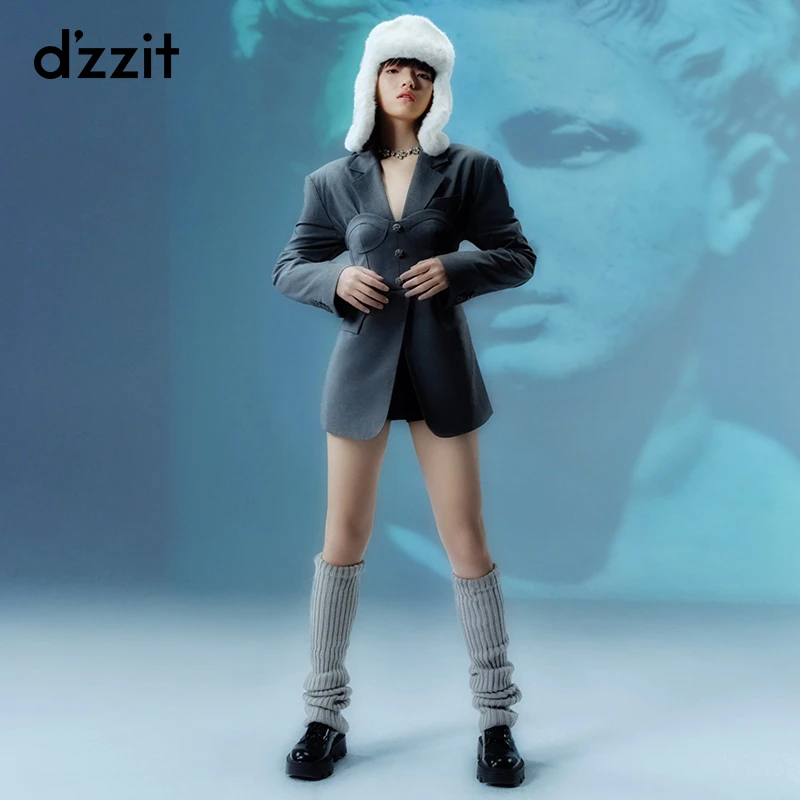 【可拆抹胸】dzzit地素 气质休闲深灰色长袖西装连衣裙女3D4O610