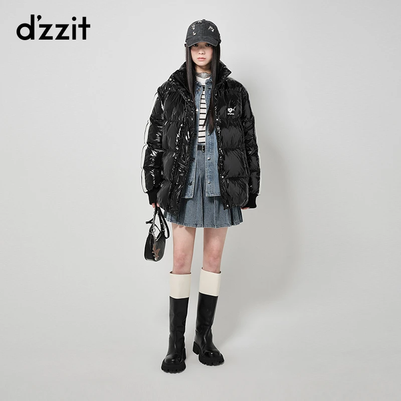 dzzit地素拼条亮面羽绒服冬季运动风休闲爱心立领外套女3H4K325