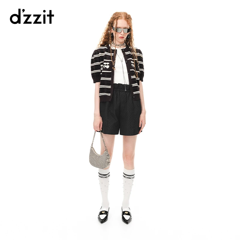 dzzit地素休闲短裤夏抽绳收腰设计菱格黑色阔腿裤女3H2Q147