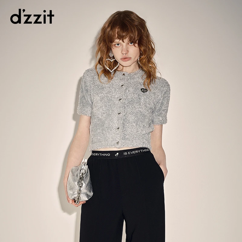 dzzit地素时尚圆领针织短袖纯色修身开衫小上衣女3E3E510
