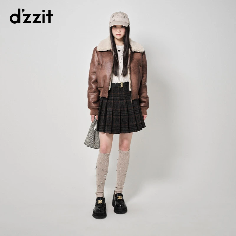 明星同款dzzit地素翻领外套秋冬酷飒机车风短款外套女3H4F4471W