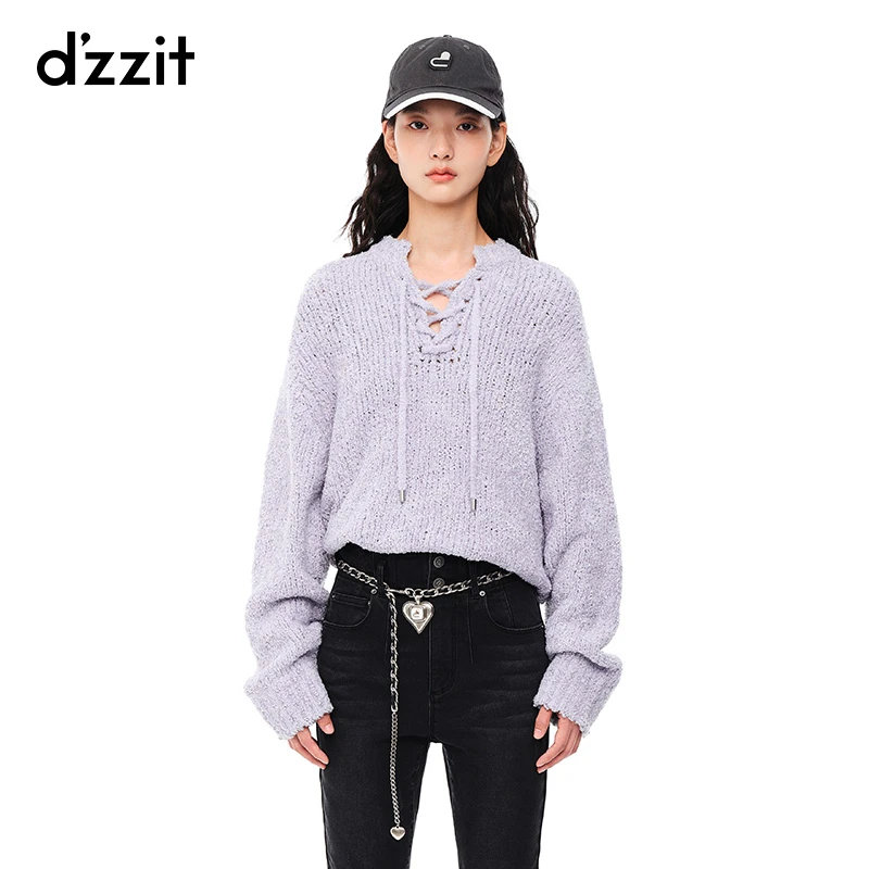 dzzit地素春秋时尚休闲甜美粗绳系带套头长袖针织衫女3E4E407