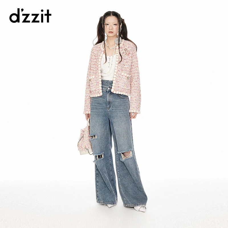 【专属】dzzit地素牛仔裤春秋高街潮流高腰破洞设计拖地长裤女