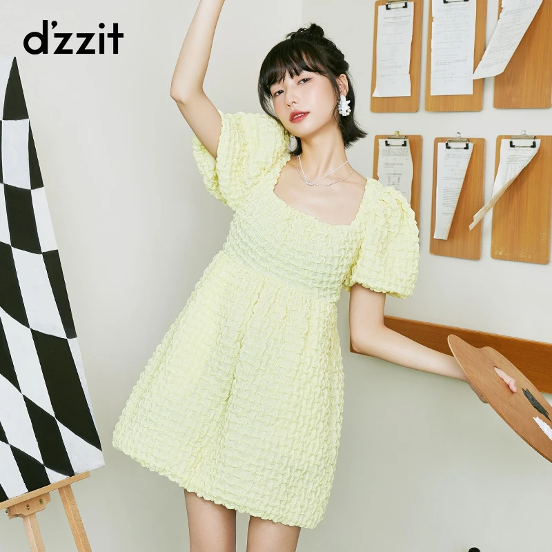 dzzit地素夏秋女法式温柔方领泡泡袖露腰小个子纯色连衣裙3E2O427