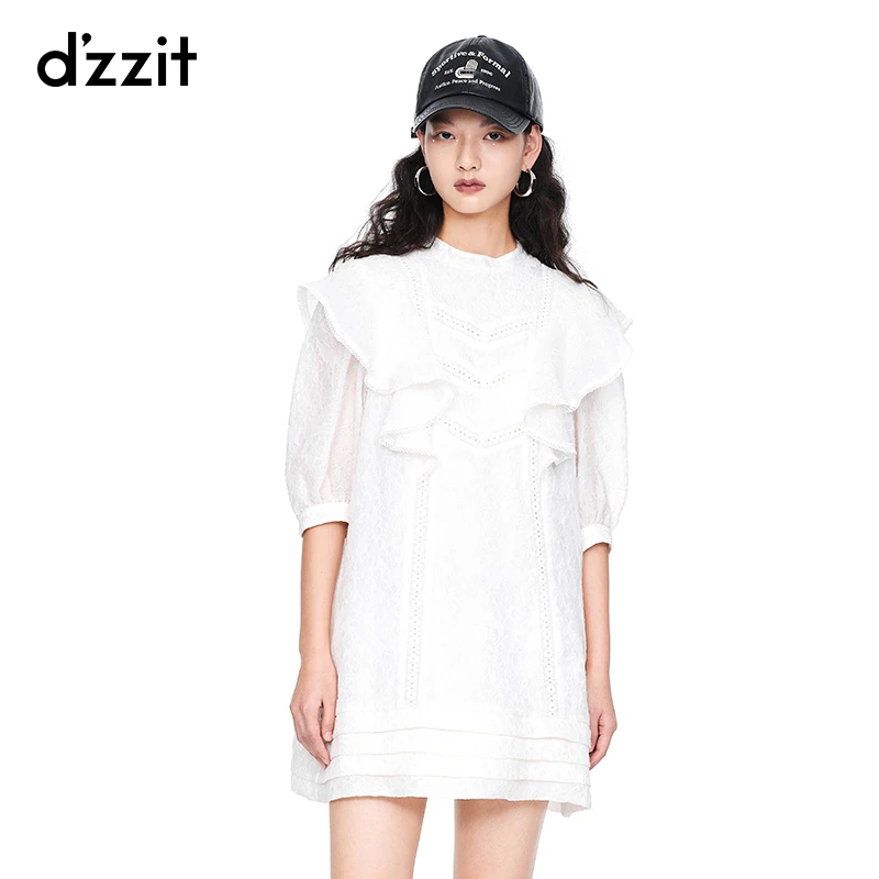 dzzit地素白色圆领提花荷叶边设计宽松短袖连衣裙女3E3O426