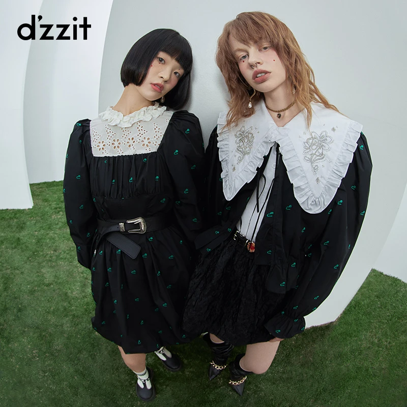 dzzit地素 “浪漫甜心”花边娃娃领减龄甜美时尚上衣女系带衬衫