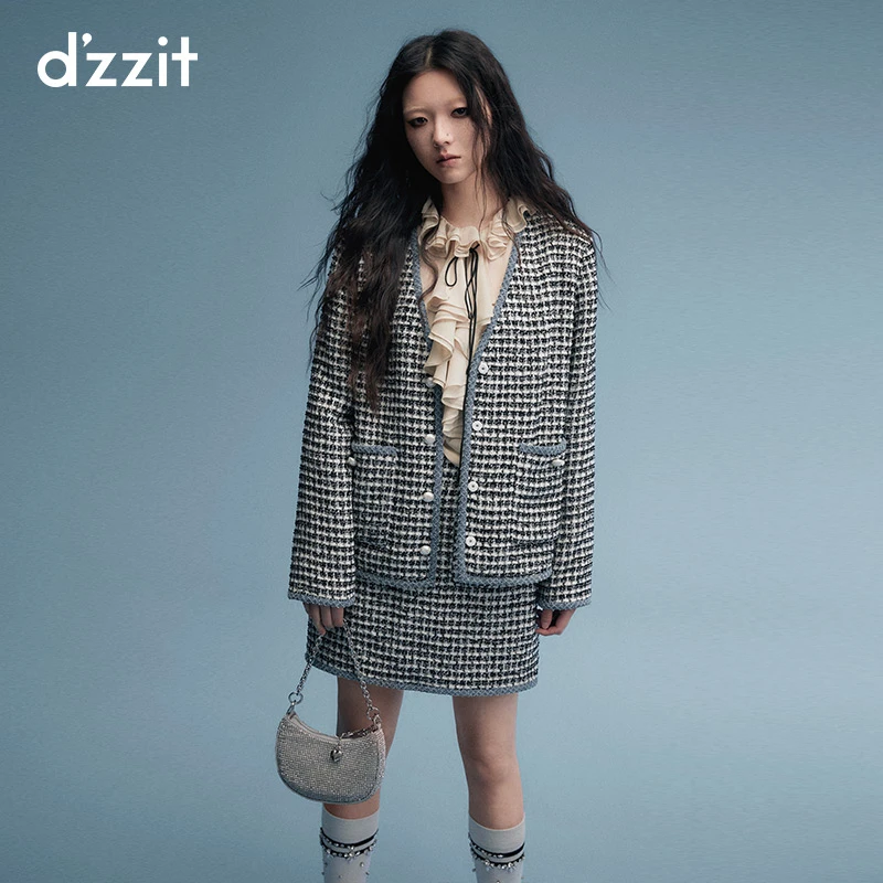 dzzit地素粗花呢外套春秋立体仿珍珠扣包边设计长袖女3H3F4083A