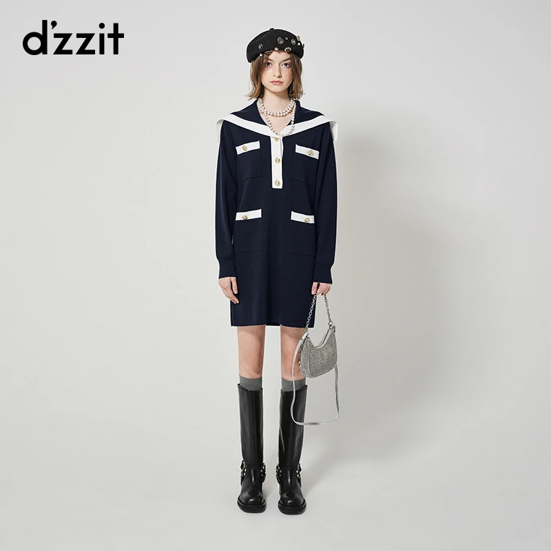 296【专属】0163dzzit地素针织连衣裙海军领学院撞色短裙女