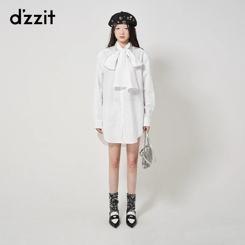 dzzit地素蝴蝶结长袖连衣裙春秋白色宽松衬衫式短裙女3H3O608