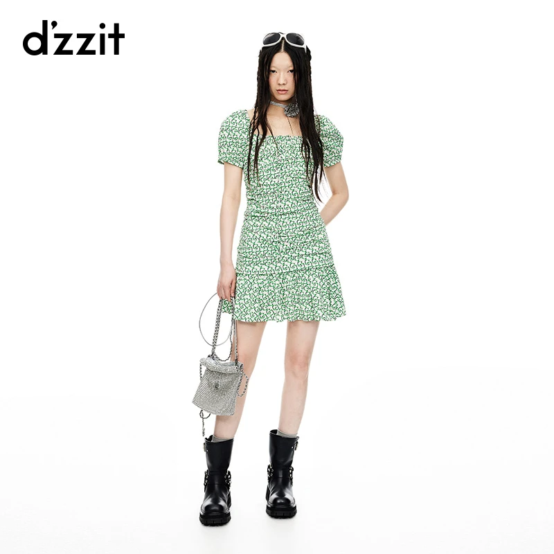 【专属】dzzit地素连衣裙春秋薄荷曼波绿几何满印短袖收腰短裙女