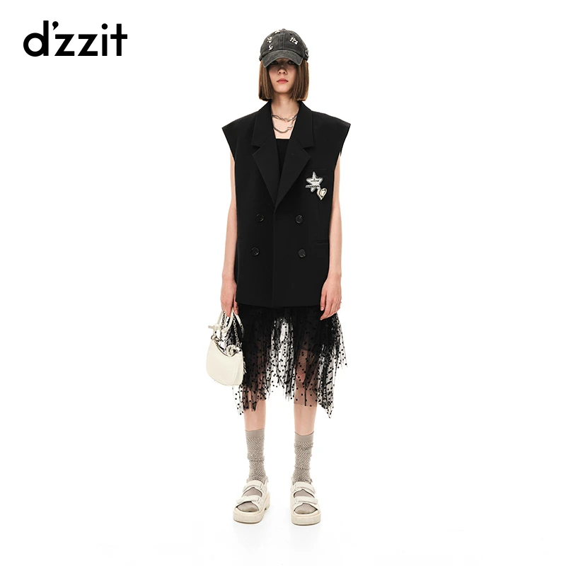 【专属】dzzit地素抹胸连衣裙春秋甜酷黑色网纱拼接中长裙女