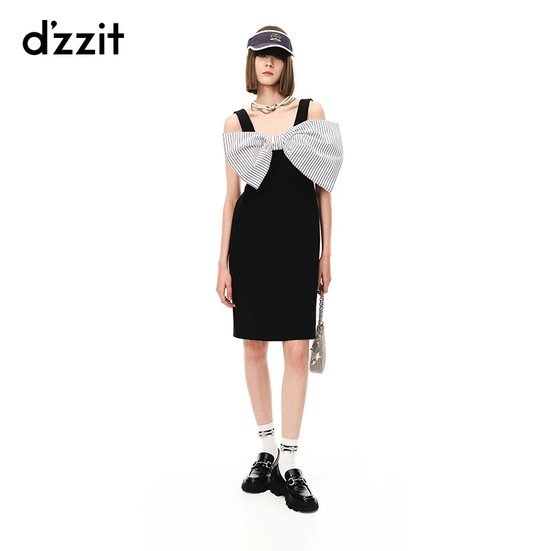 【专属】dzzit地素夏法式浪漫条纹立体蝴蝶结装饰黑色吊带连衣裙