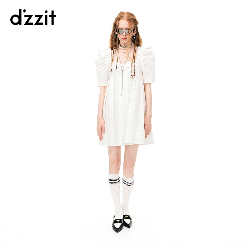 dzzit地素夏季法式浪漫泡泡袖方领短裙女肌理感连衣裙3H2O429