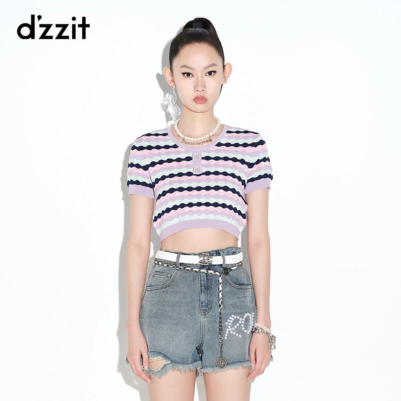 dzzit地素时尚短袖圆领休闲条纹修身针织衫小上衣女3D2E323
