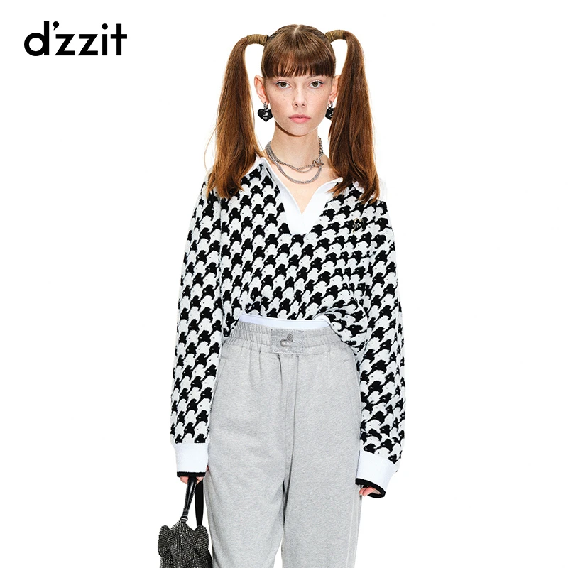dzzit地素春秋时髦复古棋盘格设计POLO领秋冬长袖针织衫女3H1E419