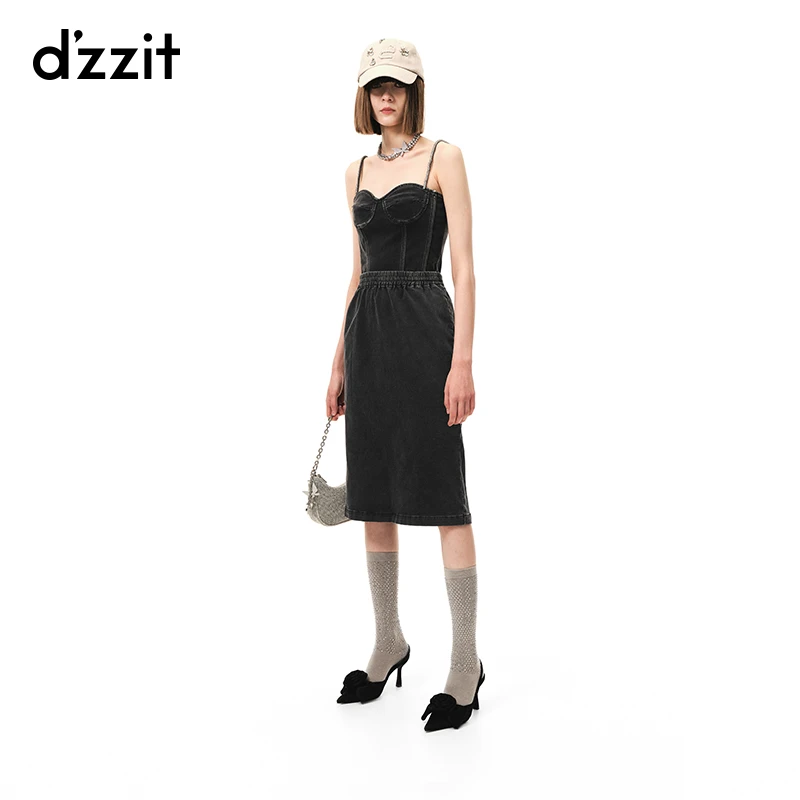 【DZ】dzzit地素牛仔连衣裙辣妹风法式松紧收腰吊带裙女