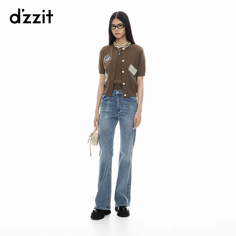 dzzit地素短袖针织雅丹风拼色领口设计贴布绣开衫上衣女3I3E535