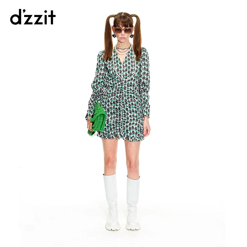 328【专属】dzzit地素满底印花珍珠扣装饰气质休闲连衣裙女