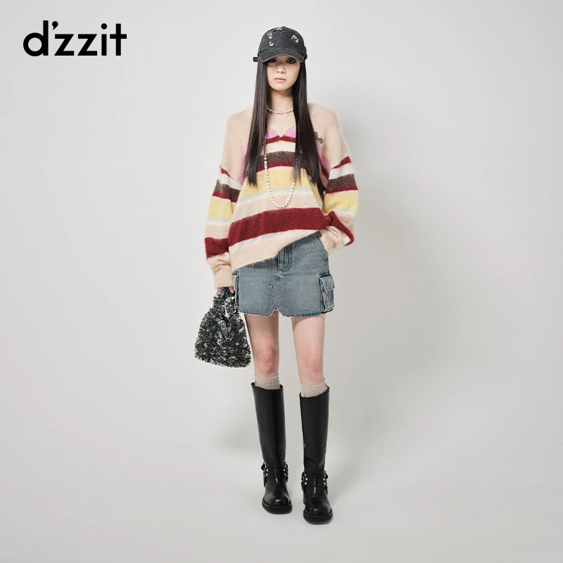 dzzit地素彩条套头针织衫秋冬V领宽松水钻字母长袖上衣女3H4E449