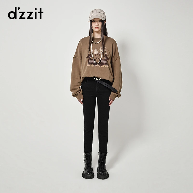621【专属】dzzit地素牛仔打底裤秋冬黑色高腰纽扣小脚裤女3H4R704