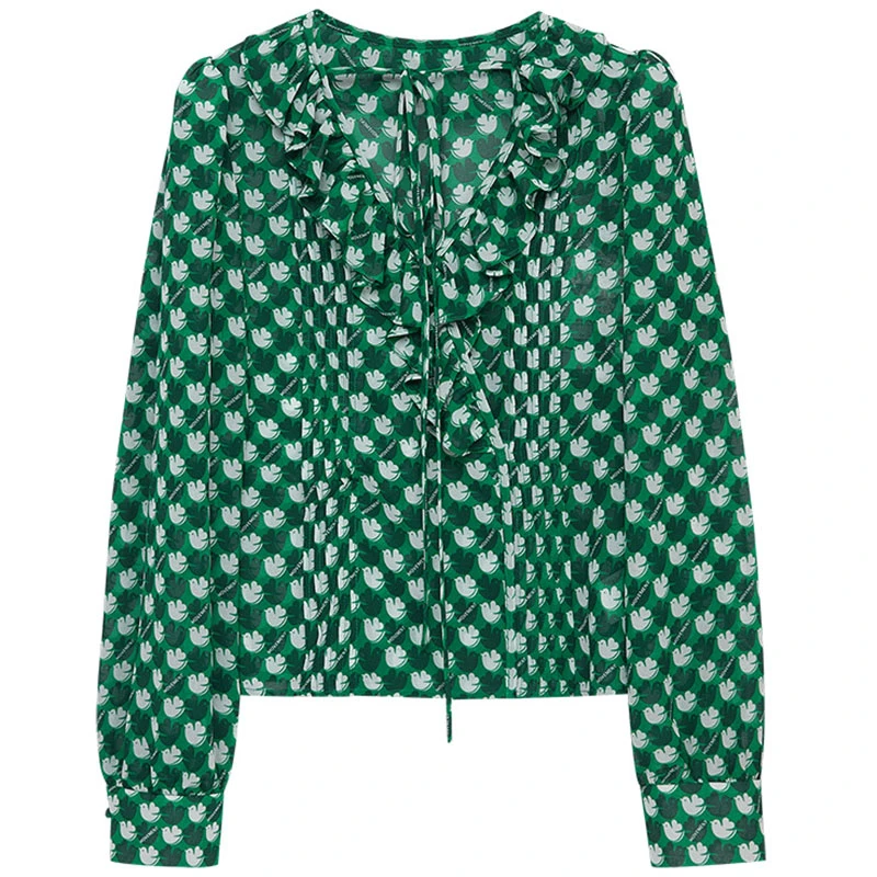 【专属】dzzit地素印花衬衫春秋新荷叶边绿色印花长袖上衣