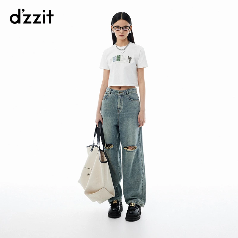 653【专属】dzzit地素短袖T恤夏秋雅丹风贴布绣短款棉质甜酷上衣女
