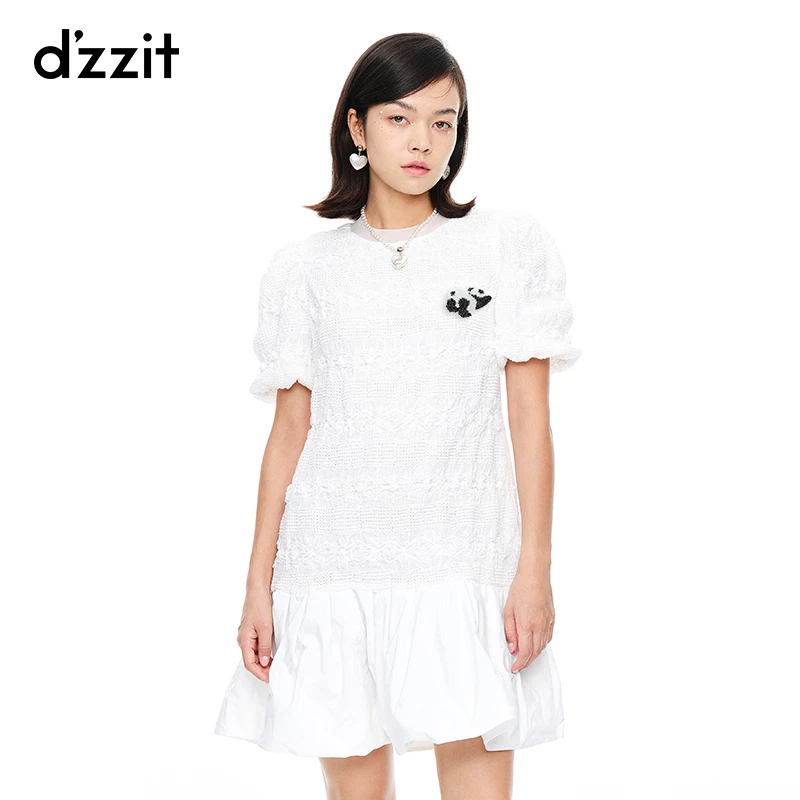 dzzit地素针织高级感百搭印花时尚圆领白色拼接连衣裙女3E3O429