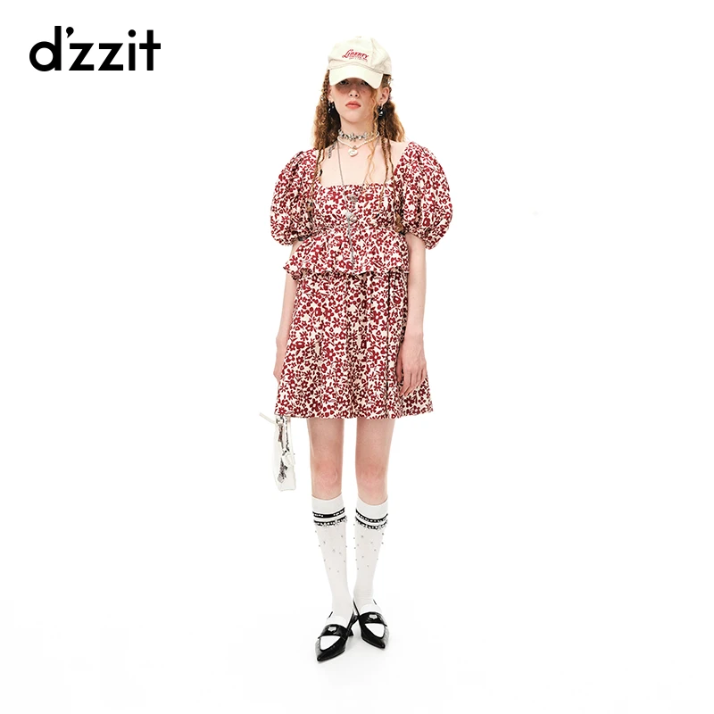 dzzit地素夏季时尚碎花法式浪漫纯棉方领荷叶边裙连衣裙3H2O449