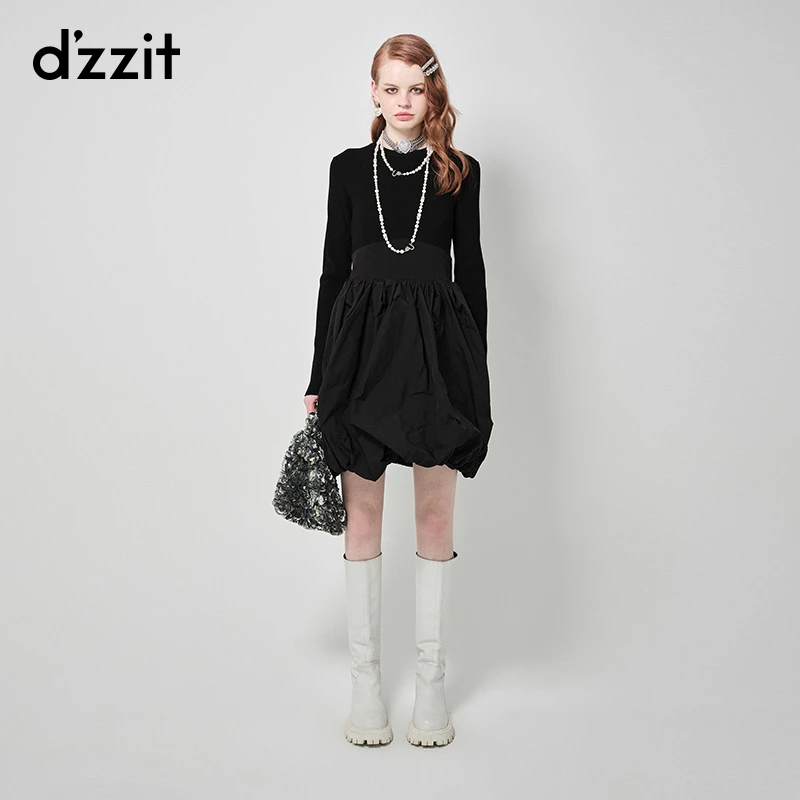 【DZ】dzzit地素长袖泡泡连衣裙修身黑色针织拼接裙女