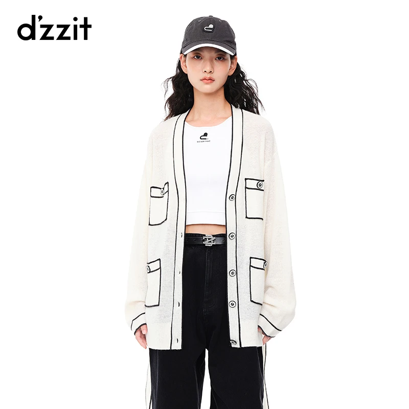 dzzit地素小香风时尚撞色描边设计感小众针织开衫上衣3E4E535