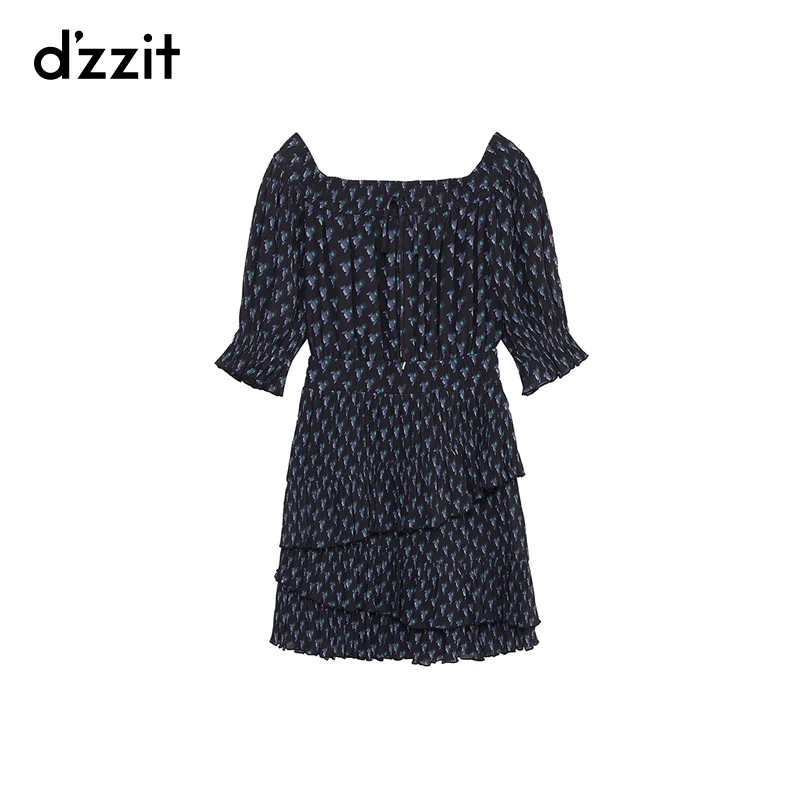 459【专属】dzzit地素雪纺短袖连衣裙甜酷满底印花荷叶边设计短裙女