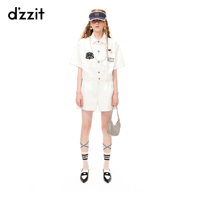 dzzit地素夏徽章设计手工定制花朵纽扣牛仔连体裤女3H2R901