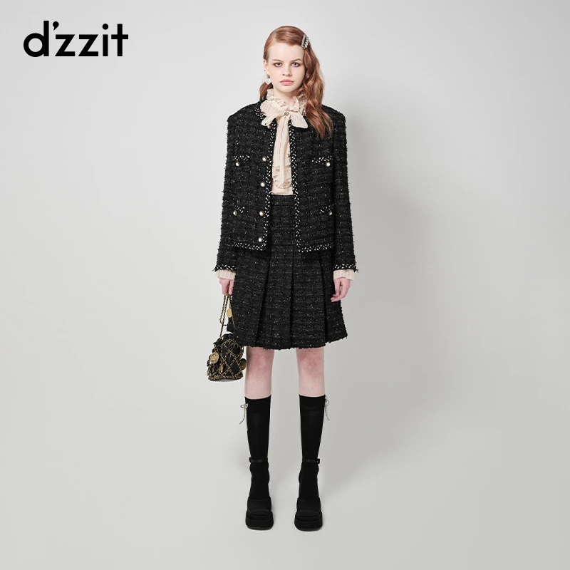 dzzit地素黑色粗花呢短棉服冬季小香风毛边设计外套女3H4H206