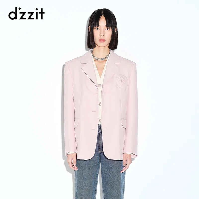 dzzit地素春秋时尚复古通勤纯色垫肩梭织类西装外套女3E1F505