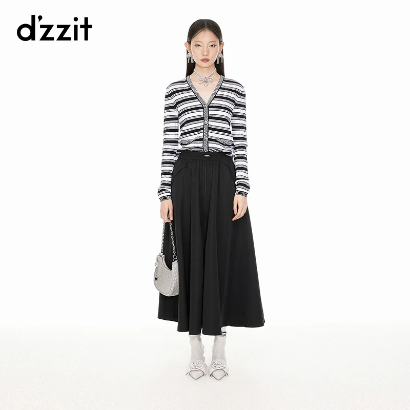 【专属】dzzit地素平纹布长半裙春秋黑色松紧抽绳腰大摆裙