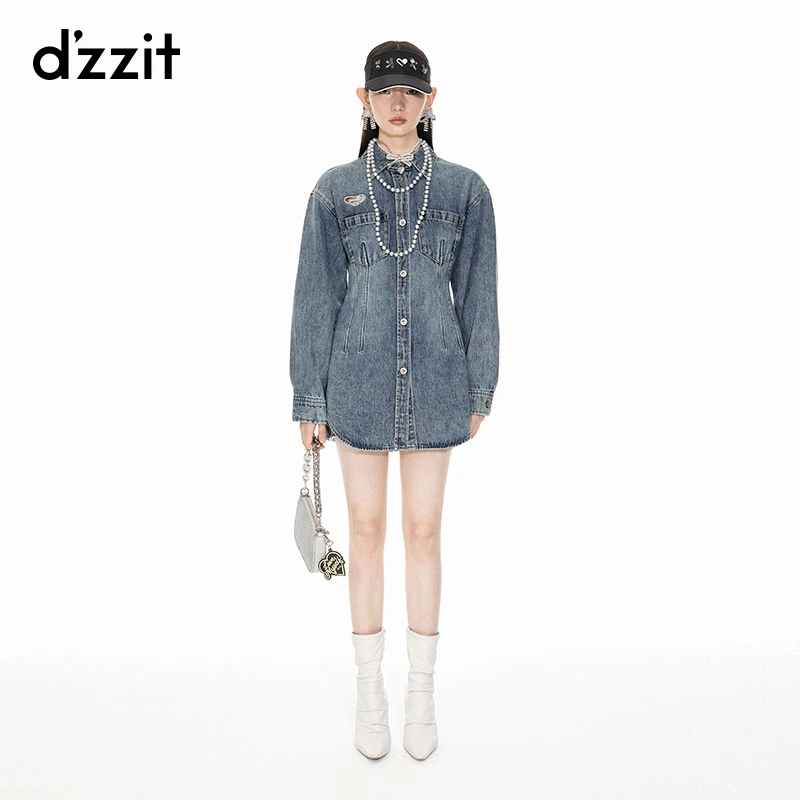 dzzit地素牛仔衬衫春秋爱心镂空修身收腰棉质上衣女3I1RC02