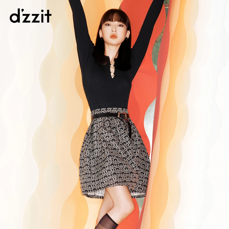 【DZ】dzzit地素法式黑白满印松紧高腰A字半身裙短裙女