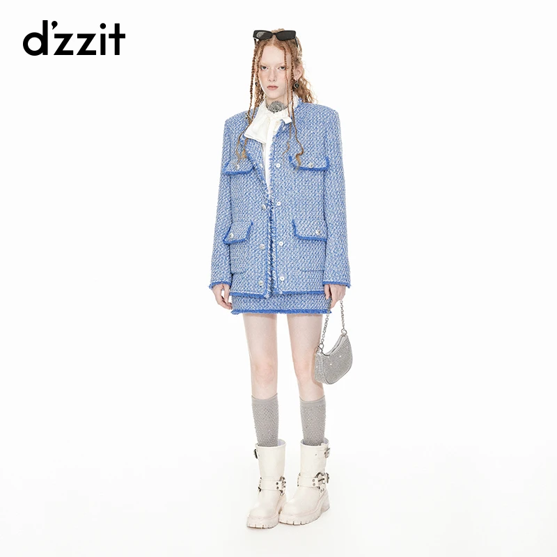 dzzit地素粗花呢半裙春秋小香风高腰蓝色毛边a字短裙女3I1S243