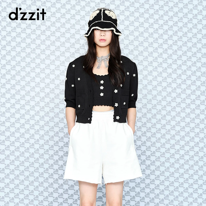 【DZ】dzzit地素夏秋V领短款串珠花朵短袖针织衫上衣女