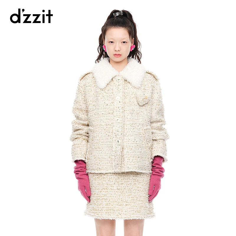 明星同款dzzit地素冬季米白色小香风粗花呢棉服外套女3E4H265
