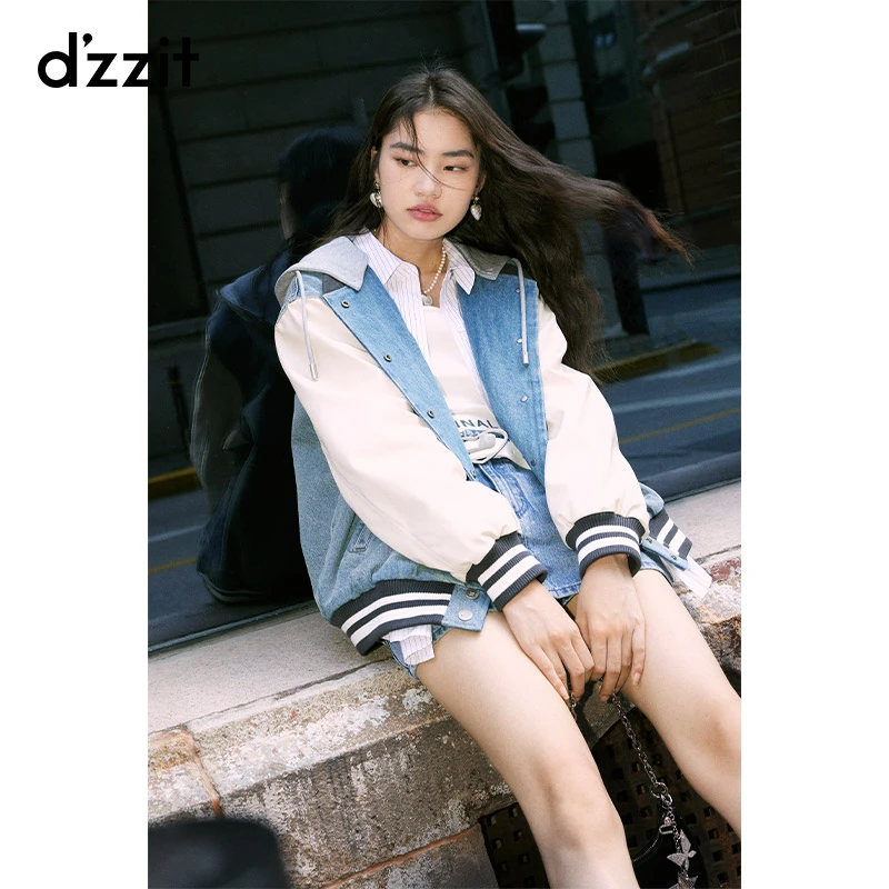 351【专属】dzzit地素牛仔外套连帽棒球可拆卸连帽撞色拼色时