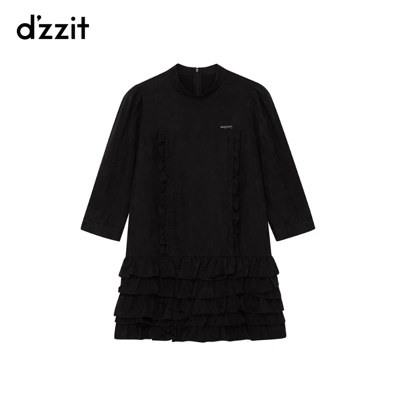 dzzit地素连衣裙春秋暗纹提花荷叶边设计黑色中袖短裙女3I3O505