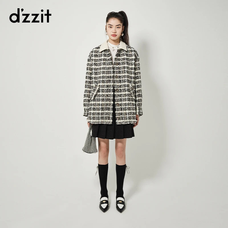 0207dzzit地素粗花呢中长外套秋小香千金风翻领拼接设计女3H3G260