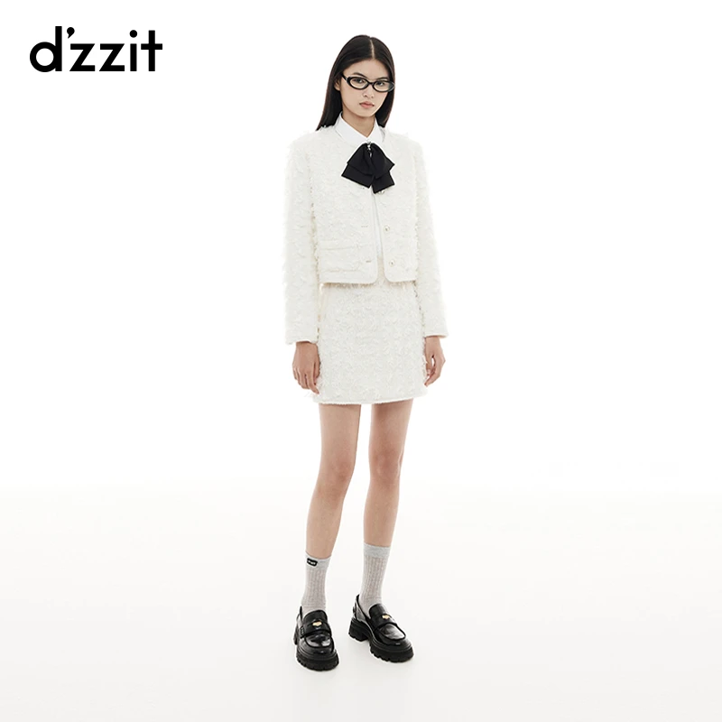dzzit地素半身裙千金小香风白色灵动飘逸肌理A字短裙女3I4S260