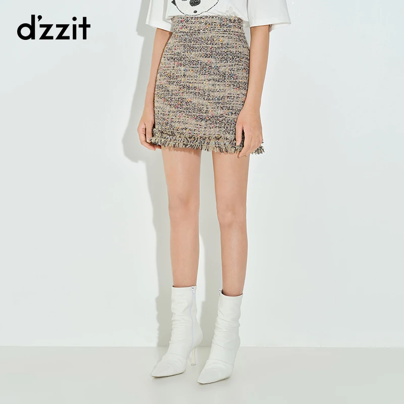 dzzit地素复古千金风小香风粗花呢毛边高腰a字半身裙女3D1S225