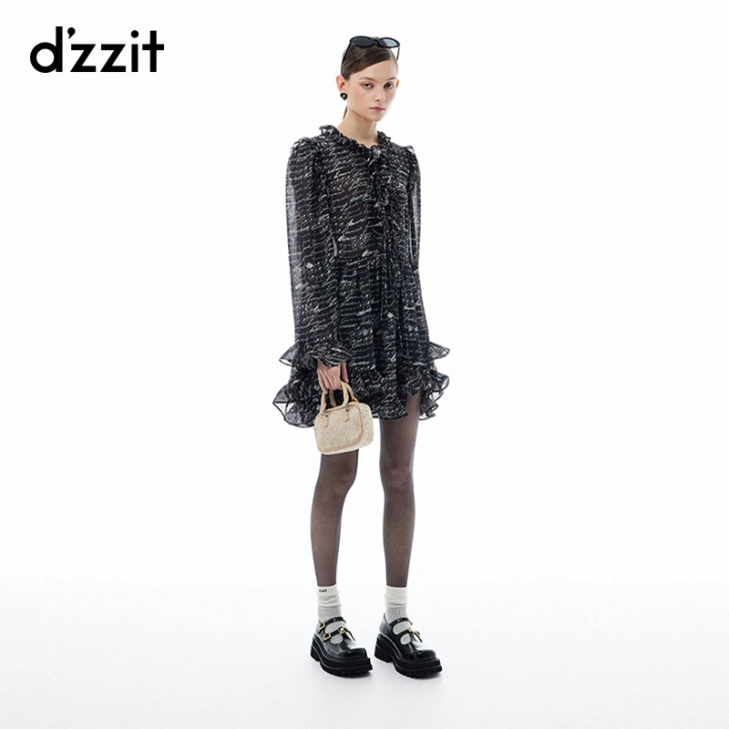 dzzit地素连衣裙法式雅丹风满印印花长袖短裙女3I3O607