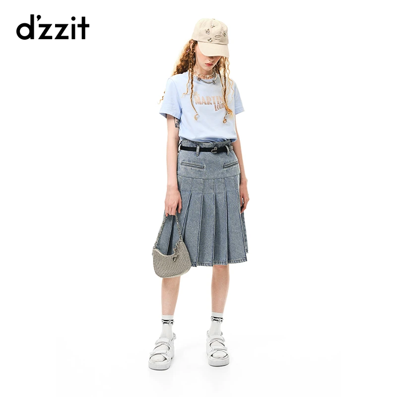 【专属】dzzit地素夏秋百搭复古学院风百褶裙中裙女牛仔半身裙
