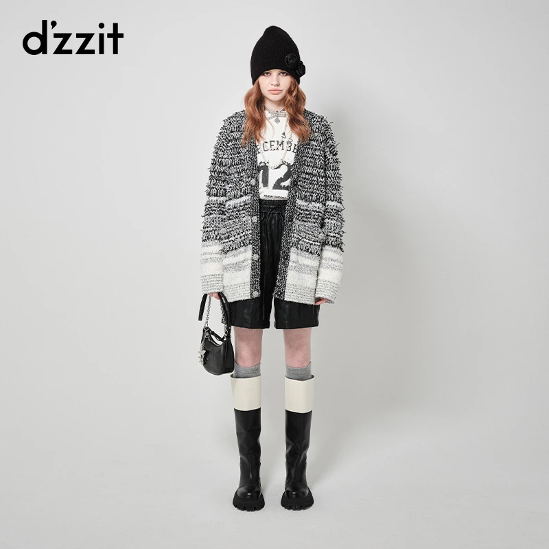 0088dzzit地素提花针织衫外套春秋拼色设计感毛衣开衫3I1E502