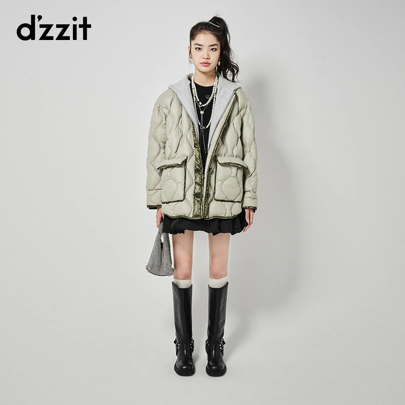 dzzit地素羽绒服冬季时髦假两件连帽设计拼接外套女雅丹风3H4K321