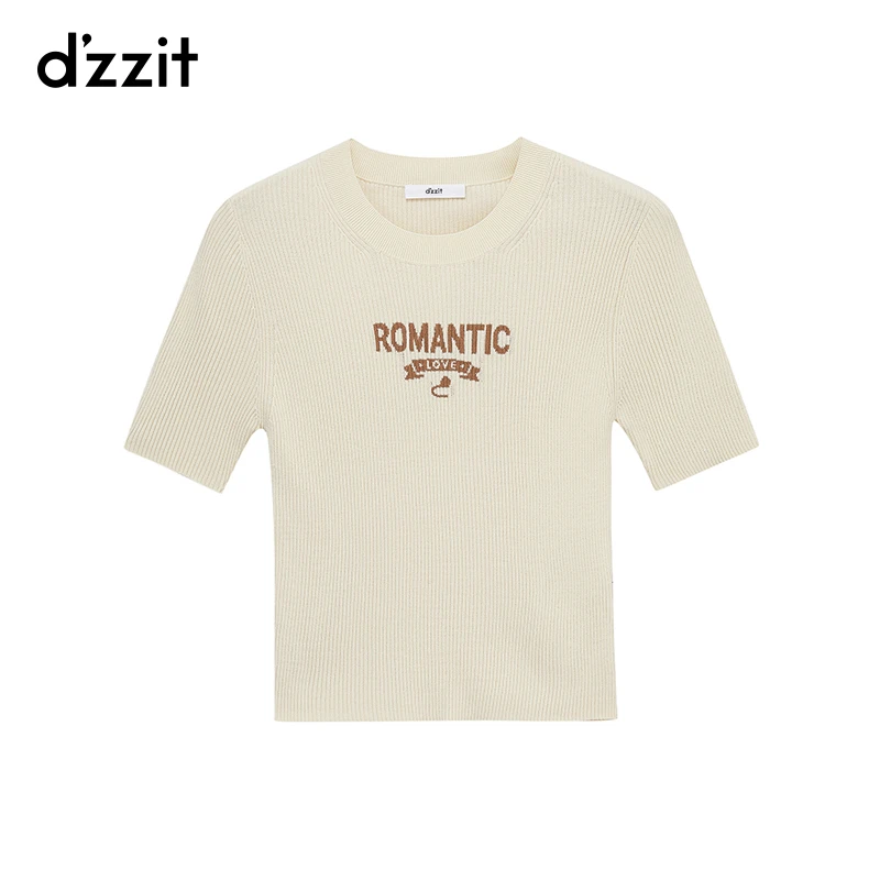 dzzit地素套头针织衫字母提花圆领短袖正肩修身短上衣女3H3E3249B